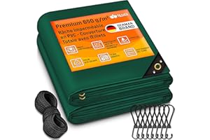 tillvex® Bâche de Protection avec Oeillets + 10 Crochets et Corde de 15 m - Bâche en Tissu 650 g/m² imperméable et indéchirable - Bâche PVC Universelle Exterieur, Camion, Piscine, Meubles de Jardin