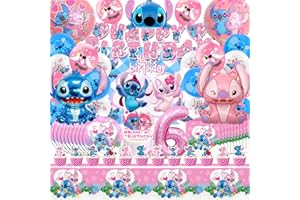 AWOUSUE Set Compleanno Stitc 6 Anni Bambina, Palloncini Compleanno Stitc 6 Anni, Stitc Stoviglie Per Feste, Sfondo Stitc Compleanno Bambina, Kit Festa Compleanno Stitc 6 Anni Tovaglia