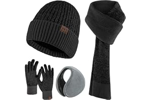 Aneco Winter-Strickhandschuhe für Herren, wärmer, Schal, Beanie, Mütze, Thermo-Ohrenschützer, Touchscreen-Handschuhe Set für Männer und Frauen