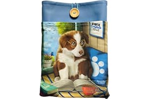 ACARICIANDO PAPEL CON HISTORIAS Funda Artesanal Grande para Libros y Tablets de Cachorrito Lector + marcapáginas Regalo, algodón ecológico, Acolchada, con Bolsillo Frontal y botón. Regalo Ideal para Adolescentes