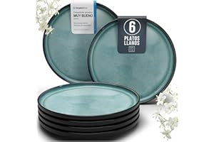 PURE LIVING INTERIOR DESIGN Juego de 6 Platos Grandes de Gres Ibiza - Elegantes Platos para Comida, Apto para Lavavajillas y Microondas - Set de Vajilla para 6 Personas - Pure Living en azul humo