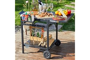 PIZZELLO BBQ Trolley Table Outdoor Grill Carts Double-Shelf Pizza Oven Trolley Movable Kitchen Island Foldable Countertop Outdoor Worktable Bar Cart with 2 Wheels