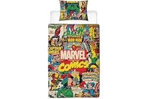 Character World Disney Oficjalny zestaw poszewek na kołdrę Marvel Avengers dla dzieci | dwustronna 2-stronna pościel z pasującą poszewką na poduszkę, zestaw na pojedyncze łóżko z komiksowym designem