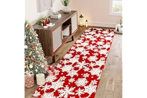 PureCozy Christmas Runner Rug 60x240cm Red Carpet Hallway Snowflakes Long Xmas Area Rugs Washable Non Slip Soft Carpets Kitchen Bedroom Bedside Christmas Decorations Short Pile
