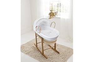 ELEGANT BABY White Teddy Wash Day Palm Moses Basket with Deluxe Natural Rocking Stand, Adjustable Hood, Fibre Mattress & Padded Liner