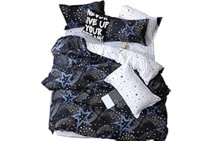 ED-Lumos Juego de Ropa de Cama ４Piezas para Cama 105cm Funda de edredón 180x220cm Sábana 230x230cm Funda de Almohada 48x74cm Poliéster Color Azul Oscuro con Estrellas