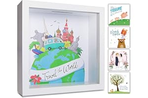 ‎GLÜCKSWOLKE GLÜCKSWOLKE - Spardose Reisen I Motiv Travel The World I Urlaubskasse Reisekasse I Geldgeschenke Verpackung I Sparschwein Deko Geschenk I 3D Rahmen zum Befüllen I Money Box Urlaub Sparbüchse