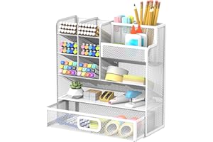 SUPEASY Mesh Stift Halter für Schreibtisch, verbesserte Schreibtisch Organizer mit Schublade, vielseitige Stift Organizer, Schreibtisch Organizer und Zubehör für Büro und Kunst Zubehör (Weiß)