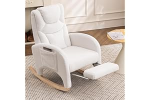 DEKKETO Teddy Rocking Chair with Headrest and Footrest, Large Nursing Chair with Side Pocket, Comfortable Breastfeeding Armchair for Nursery, Adults, White