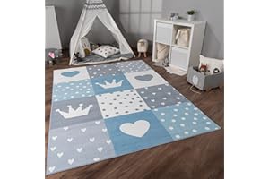 Paco Home Alfombra De Habitacion Bebe Infantil Niña Niño De Juego Antideslizante Arcoíris Corazón Lunares, tamaño:80x150 cm, Color:Azul