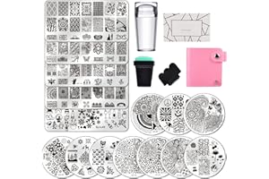 BUDOCI 5+10 St Nail Stamping set,Classic Nail Stamping Plate kit Nägel Stamping Schablonen Platten + Stempel + Schaber + Lagerbeutel für Nagelstempel French Nail Atr Maniküre