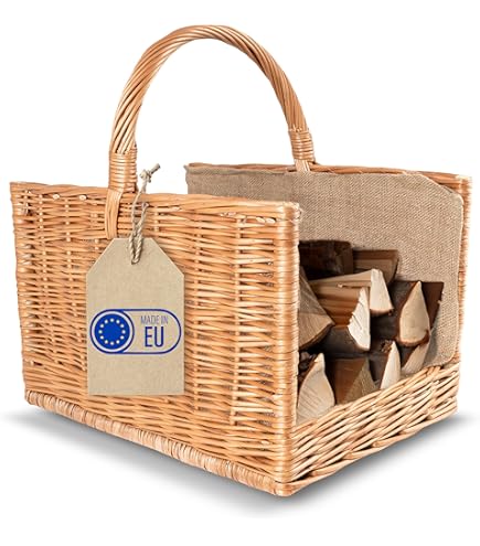 BOGATECO rietenmand met vierkant handvat | Grote haardmand 51X35X33 | Handgeweven | Met jute gevoerde houten mand | Brandhoutmand