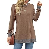 WNEEDU Donna T-Shirts a Maniche Lunghe Maglie Scollo Rotondo Maglietta Casual Felpe Girocollo