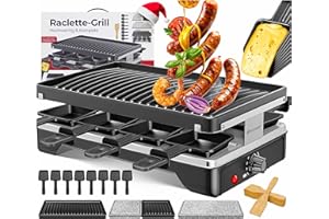 KESSER® Griglia per raclette con pietra naturale, piastra per grigliare griglia da tavolo per 8 persone, griglia elettrica per raclette con piastra antiaderente, 8 pentole e spatola, Nero