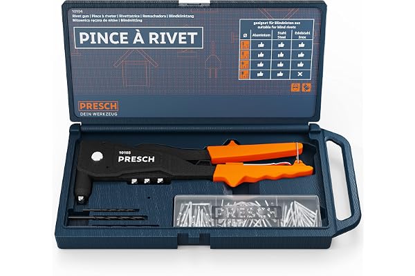 Presch Pince à rivet pour rivets aveugles - 79 pièces en coffret - Avec 75 rivets, forets HSS adaptés et clé de montage avec outil de calibrage - Pince a riveter manuelle