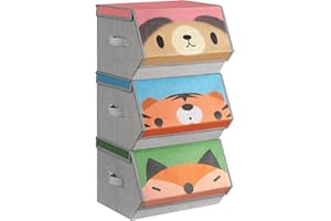 SONGMICS Organizzatori per Bambini, 3 Scatole Portaoggetti Impilabili, Scatole Pieghevoli con Manici, Coperchio Magnetico, Tema di Orso Tigre Volpe, Rosa, Blu, Verde e Grigio RFB760P03
