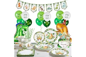 YILAKLA 116 Stücke Dino Papier Geschirr, Dinosaurier Geburtstag Party Set,Tassen Servietten Tischdecke Banner Kuchen Dekoration Ballon Dekoration Kindergeburtstag Party Partyzubehörsets (16 Gäste)