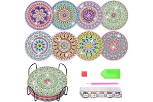 ZOLGINAH 8 Piezas 5D DIY Diamond Painting Posavasos con Soporte,10cm Mandala Alfombrilla de Corcho,Posavasos de Diamantes para Vino,Café y Bebidas