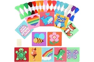 Pllieay Kit de Punto de Cruz para Principiantes 12 en 1 para Niños, Kit de Bordado Incluye 12 Lienzos de Malla Plástica en Blanco, 16 Hilos, 6 Agujas de Bordado, Kit de Inicio con Instrucciones