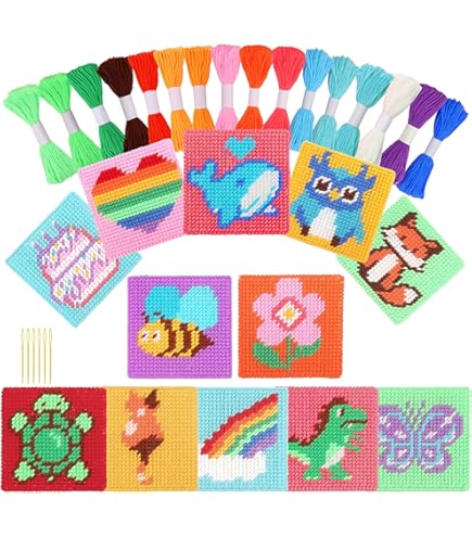 Kit Punto Croce Per Bambini - 6 Schemi Animali, Filo Da Ricamo, Cerchi E Aghi, Ideale Per Portachiavi - Foto 3