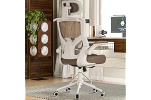 FOKESUN Ergonomischer Bürostuhl mit Verstellbarer Kopfstütze & Lendenstütze – Hochlehner Mesh-Schreibtischstuhl mit Schaumstoff-Sitz, Kleiderbügel & Verriegelungsfunktion (Braun mit weißem Rahmen)