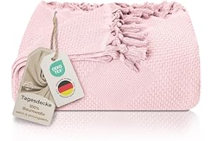 LAYNENBURG Narzuta klasy premium, z ręcznie tkanymi frędzlami, 100% bawełna, letnia narzuta o strukturze waflowej, bawełniana narzuta na łóżko, kanapę i sofę, rozmiar XXL, 220 x 240 cm, różowa