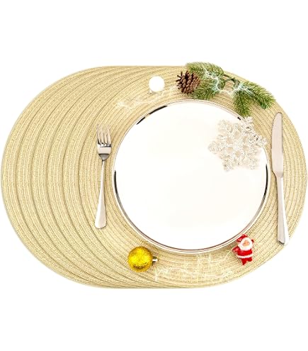 6 Runde Tischsets Aus Vinyl – 38 Cm, Goldene Blumen, Hitzebeständig & Rutschfest