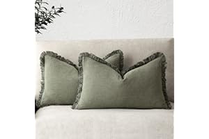 Foindtower Set of 2 Decorative Linen Fringe Lumbar Throw Pillow Covers Boho Farmhouse Cushion Cover with Tassels Soft Accent Pillowcase for Couch Sofa Bed Living Room Home Decor,12×20 Inch,Olive Green