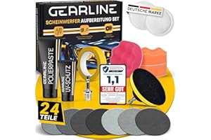 GEARLINE® Scheinwerfer Aufbereitung Set [24 Teile] - Polierset für matte & blinde Scheinwerfer - Inkl. UV-Schutz, Polierpaste, Adapter & 14 Schleifscheiben - Auto Polierset zur Aufbereitung