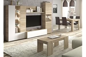 Miroytengo Conjunto de Salón o Comedor con Luz LED Color Blanco y Roble (Mueble salón Modular + Mesa Comedor + Mesa Centro)