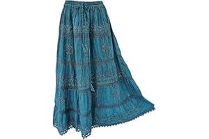 Doorwaytofashion Women Cotton Maxi Full Length Skirt Embroidered Boho Casual Festival Summer UK 10,12,14,16,18