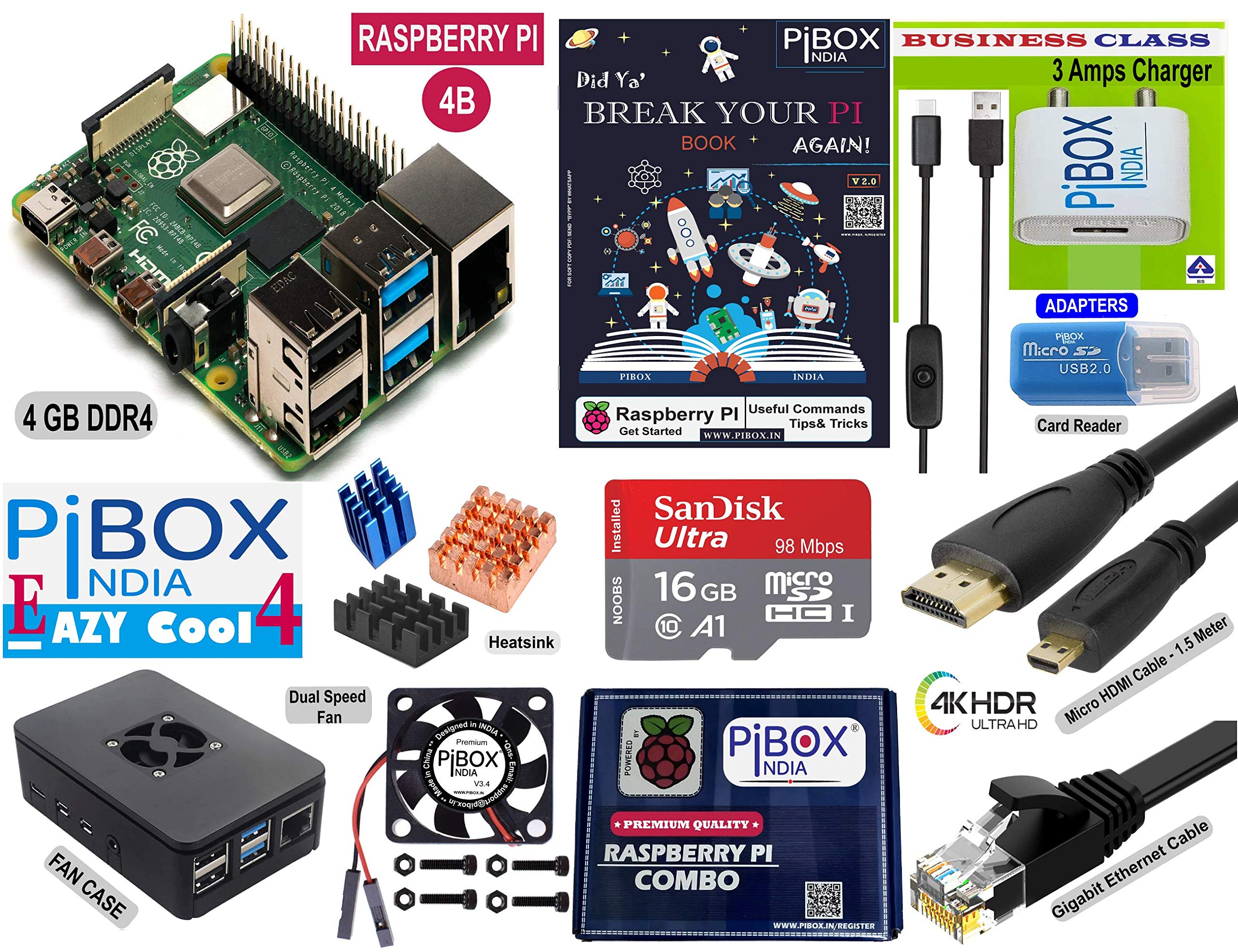 PiBOX India Raspberry Pi 4 4GB Easy Cool 4 Combo kit 4413W with Pi4 4GB, Pi4 Fan case, Dual Speed Fan,16GB Noobs Card, BIS 3 Amps Charger, 3 Piece Heatsink, HDMI Cable and Accessories