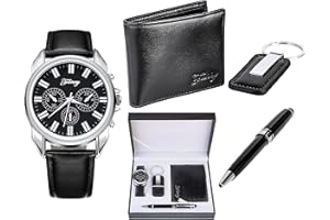 Souarts Coffret Cadeau Montre pour Homme Ensemble Montre Ceinture Portefeuille Cadeau Fête