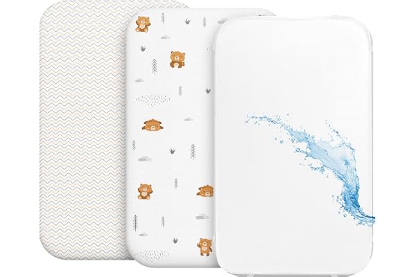 Drap Housse Cododo (Set de 2) + 1 Protège Matelas Impermeable avec Elastique - 3-en-1 - Taille 50x83 cm -Compatible avec Berceaux, Lit Matelas Cododo Bebe - pour Fille et Garçon - Motif Nounours