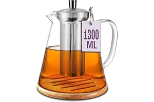 Cosumy Teiera con Infusore in Vetro Borosilicato da 1,3L Grande - Con Sottobicchiere in Bambù - Lavabile in Lavastoviglie