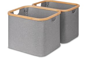 iEGrow Cesto Portabiancheria Pieghevole 50L (2 PCS), Cesto Portabiancheria Pieghevole con Manici in Bambù, Cestos Portaoggetti Grigio per Camera da Letto, Bagno, Lavanderia