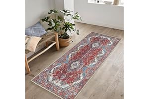 artyrugs Machine Washable Rug, 60x110cm, 75% Recycled Cotton, Short Pile, Non-Slip Backing, Non-Shedding, Area Rugs for Bedroom, Kitchen, Hallway, Office, Runner, Burgundy Red & Blue