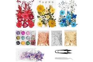 Cayway 82 Stück Getrocknete Gepresste Blätter, Natürliche Getrocknete Blumen, Epoxidharz Zubehör Set mit Glitzer für DIY Harz Schmuck Nail Crafts Art Blumendekoration