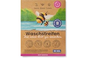 Seas Bees Trees Lessive feuilles Baby Sensitive, nettoyage doux et en profondeur pour vêtements de bébé, bandes de linge durables sans parfum, pour le lavage blanc, coloré et à la main, 32 bandes
