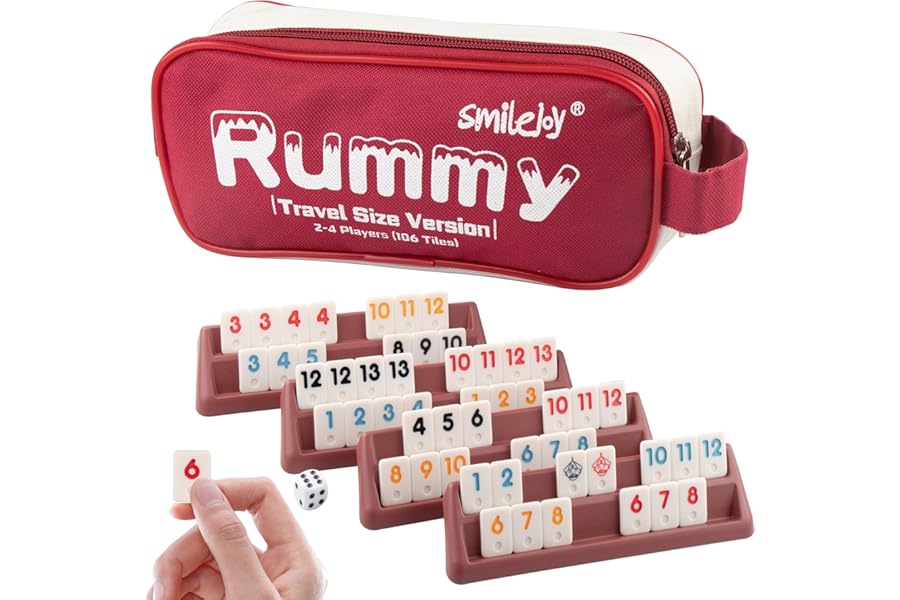 Smilejoy Mini Rummy Cube 4 Players Edition,Travel Rummy Game Set with Portable Canvas Bag,Classic Board Game for Adults and Kids |106 Tiles | 4 Playing Racks |1 Dice | (2-4 Player)