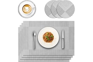 Asueilc Placemats and Coaster Sets 4, PVC Wipeable Table Mats,Non-Slip Heat Resistant Outdoor Placemats, Coaster for Dining Table,45 * 30cm(Silver)
