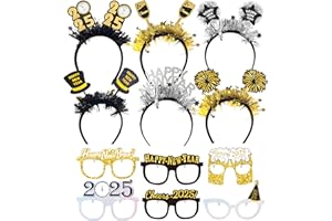 OuMaiFeng 12 Silvester Deko 2025, Silvester Haarreif Silvester Brille 2025 Happy New Year Deko Kopfbedeckung Party Fotoautomat Requisiten Zubehör Party Kostüm