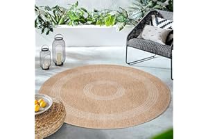 HomebyHome Dywan do wnętrz i na zewnątrz, odporny na działanie warunków atmosferycznych, okrągły, 80 cm, beżowy – wygląd sizalu i juty, wodoodporny, na balkon, do kuchni, na kemping, do ogrodu, na