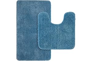 MIULEE Tapis de Toilette Antidérapant Tapis Absorbant Tapis Moelleux Microfibre Forme de U+Rectangulair Bleu 50x80CM+50x50CM