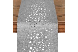 GEBETTER Camino de Mesa Navidad 28x275cm Poliéster Arpillera Yute Lino Color Gris Estrellas Plateadas Decoración Mesa Adorno Navideño Chimenea Manualidades Regalo Fiesta (Gris Plateado)