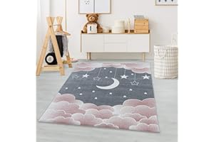 Carpetsale24 Alfombra Infantiles, Color Rosa, diseño de Luna y Estrellas, 102279, Alfombra Rectangular, Alfombras habitación Infantil-habitación bebé, 120 x 170 cm
