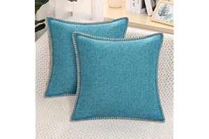 decorUhome Set of 2 Linen Cushion Covers 55X55cm,Decorative Outdoor Plain Vintage Cushion Covers with Stitched Edges, Square Farmhouse Neutral Pillow case 22x22 Inch for Sofa, Teal