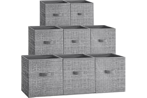 SONGMICS Storage Cubes, 26 cm Non-Woven Fabric Bins with Double Handles, Set of 8, Wardrobe Organisers for Shelves, Foldable, for Clothes, Cattail Grey ROB826G01