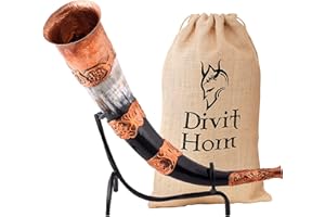 DIVIT HORN Divit Corne à Boire véritable Viking avec Affichage en Bois | Corne à bière médiévale Authentique | Ornements en Laiton & Pochette Cadeau en Lin Inclus (Copper, Polished)