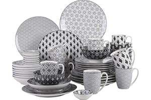 vancasso Haruka Kombiservice aus Porzellan, 48 tlg. Geschirr Set, mit Kaffeebecher, Müslischale, Dessertteller, Flachteller, Tiefteller und Dipschälchen, Tafelservice für 8 Personen